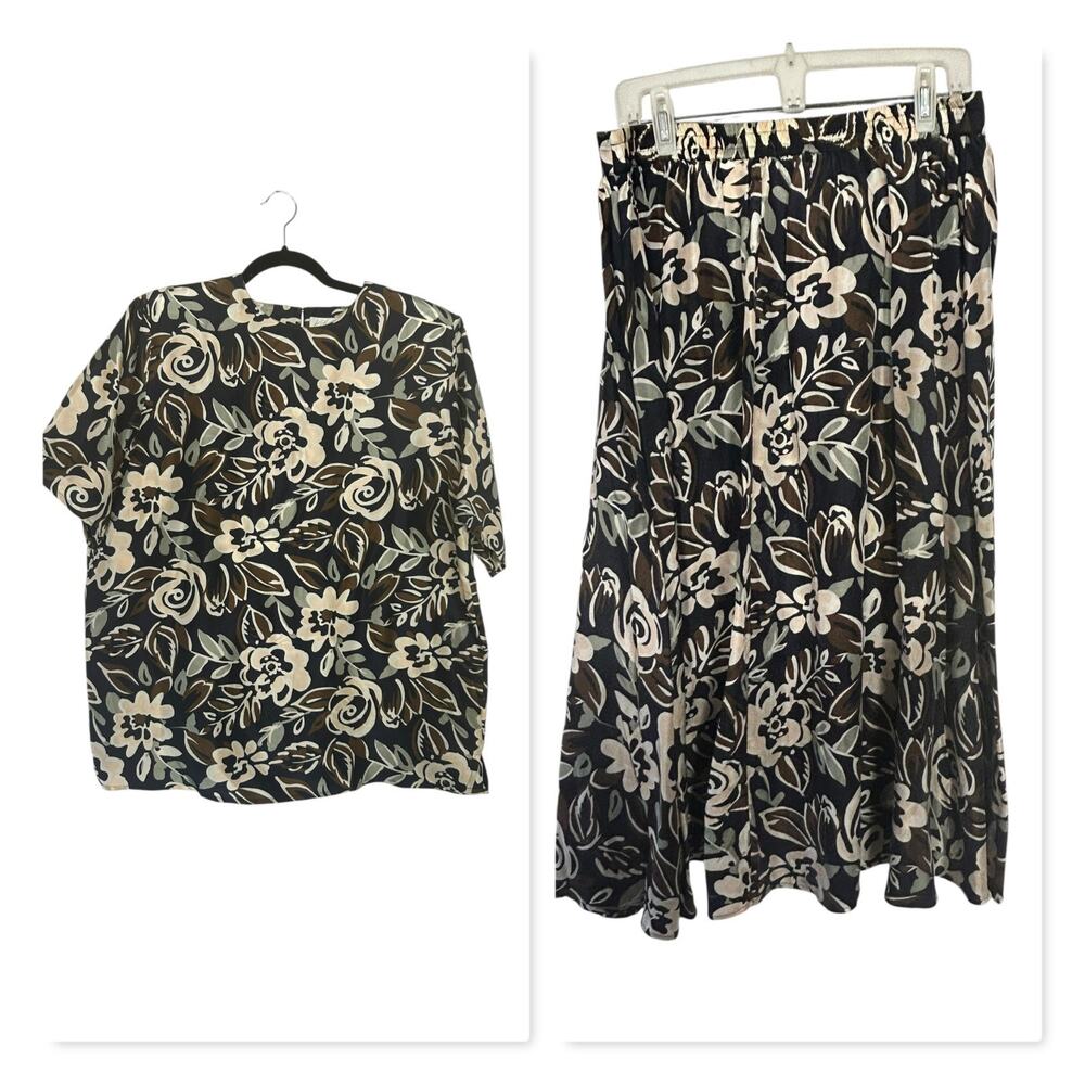 Lord & Taylor 2 Piece Silk Skirt Set Womens 18W Brown Floral Short Sleeve A-Line